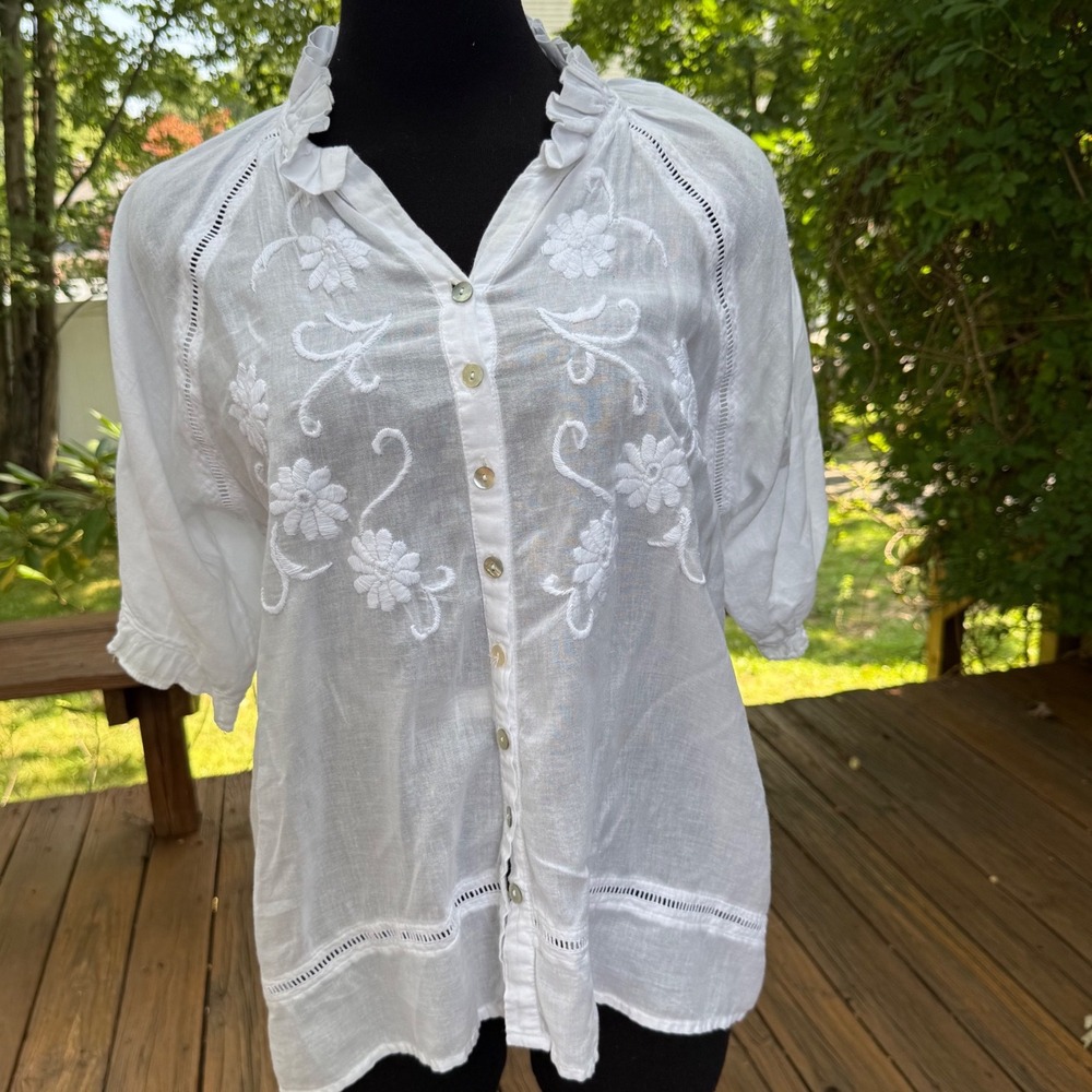 JP and Mattie Atelier White Embroidered Cotton Blouse Ruffle Eyelet Top Size M